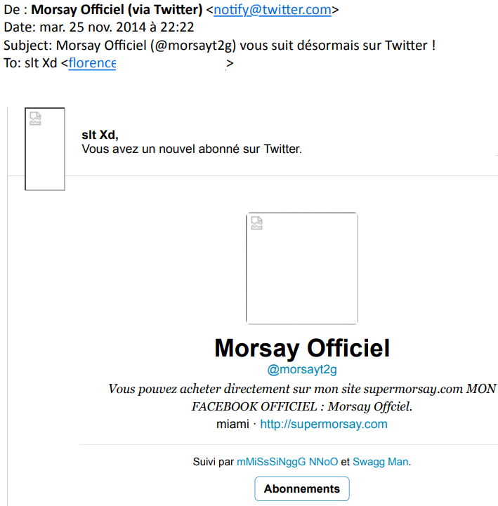 Notification twitter Florence suivie par Morsay