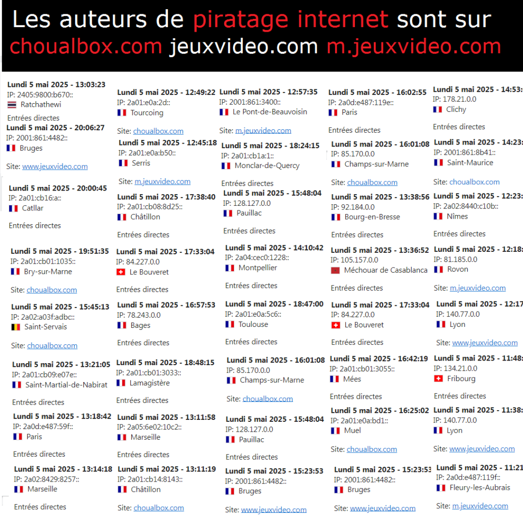 les auteurs de piratage internet #choualbox.com #m.jeuxvideo.com #jeuxvideo.com